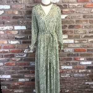 ALEXA B NITES Women's Gold Shimmer Green Leaf V-Neck Long Sleeve Maxi Dress 8